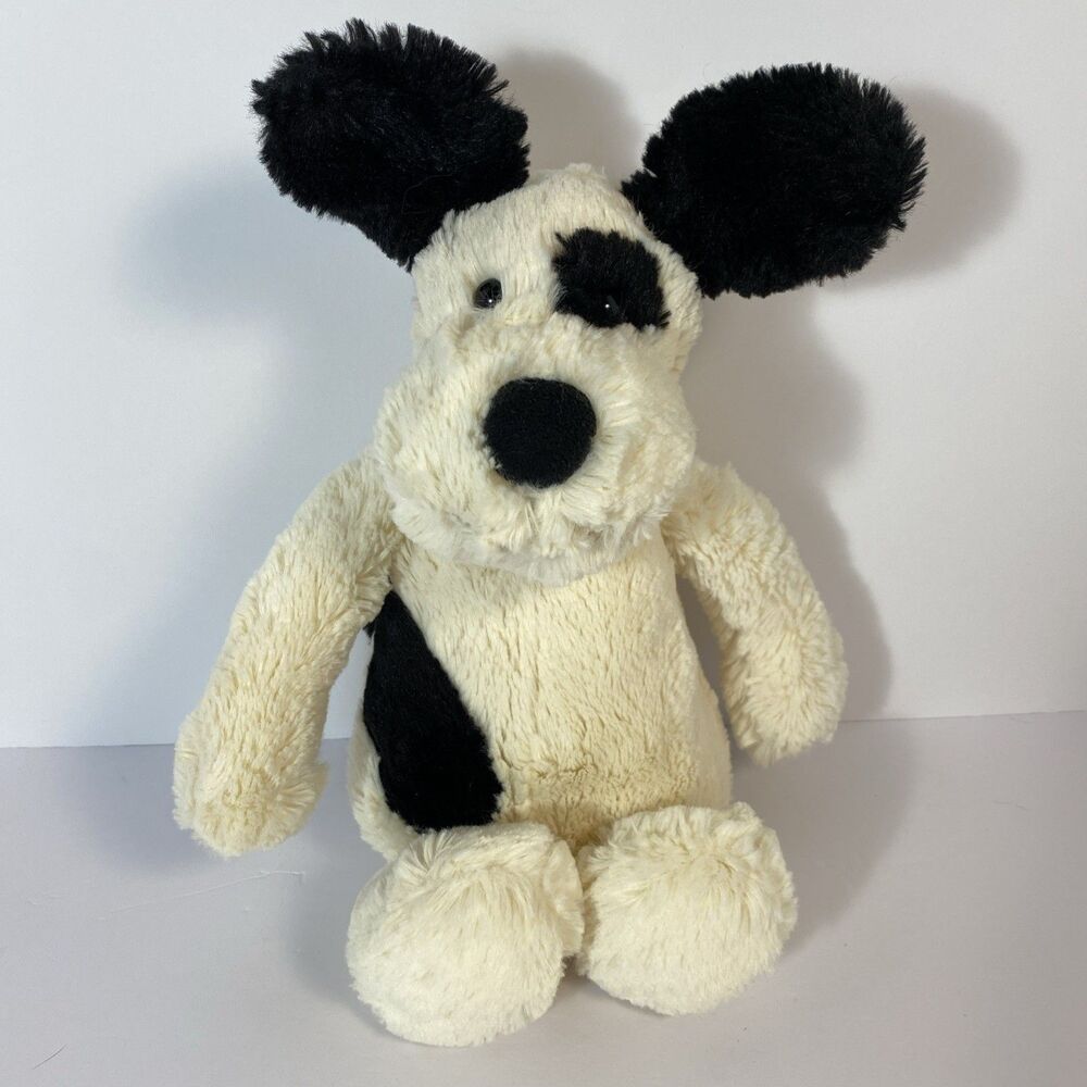 Jellycat Bashful Black & Cream Puppy Dog Plush Black Spot Floppy Ears Medium 12"